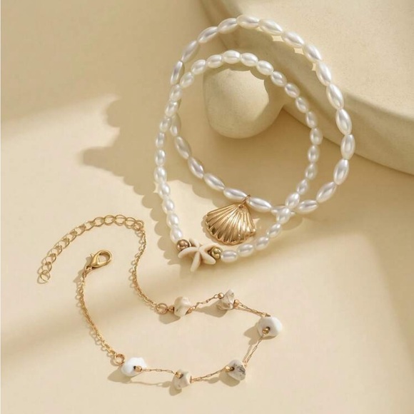 3pcs/Set White Starfish Pearl Beaded Gold Seashell Stone Chain Anklet - Picture 3 of 10